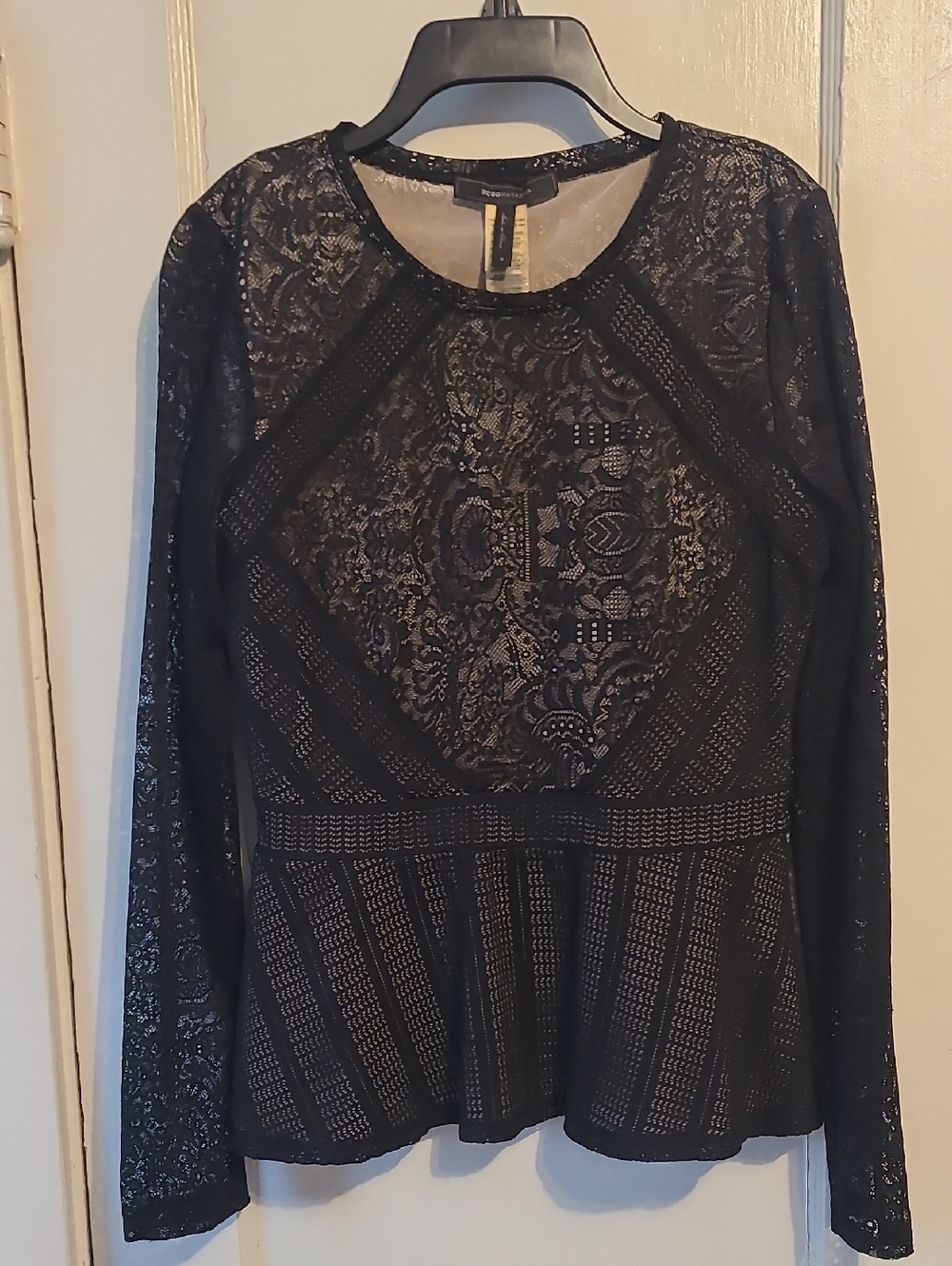 BCBGMaxAzria Black Lace Long-Sleeve Peplum Top